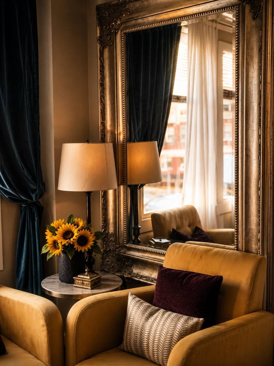 Detalle del hogar familiar con sillón, flores y espejo dorado